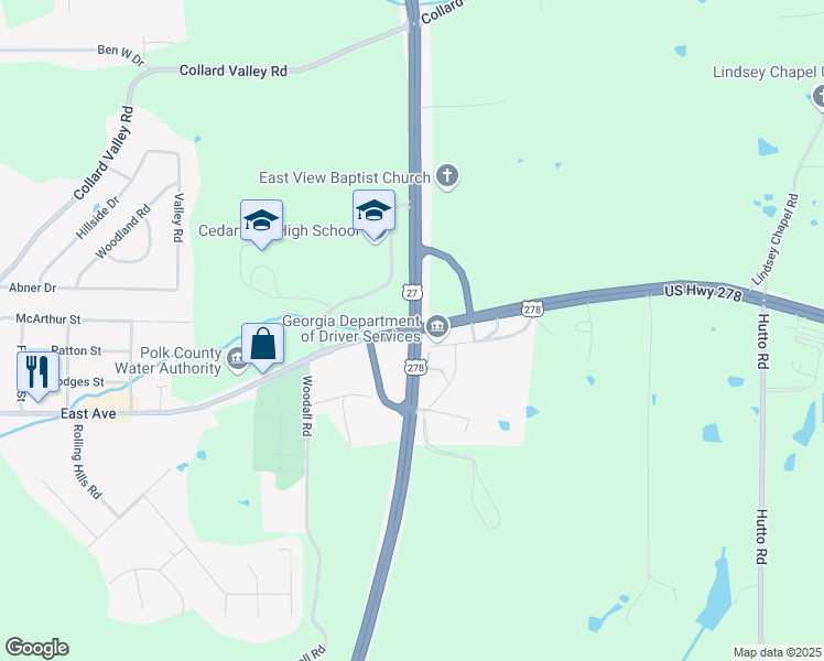 map of restaurants, bars, coffee shops, grocery stores, and more near Syble West Brannon Parkway in Cedartown
