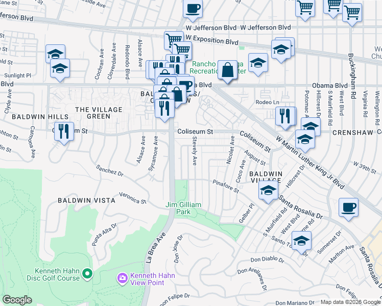 map of restaurants, bars, coffee shops, grocery stores, and more near 3849 Stevely Avenue in Los Angeles