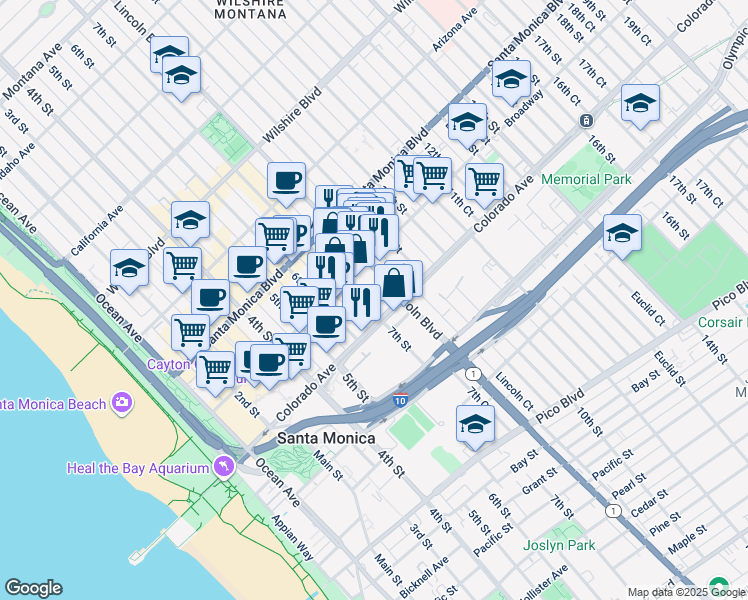 map of restaurants, bars, coffee shops, grocery stores, and more near 1537 7th Street in Santa Monica