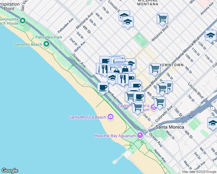 map of restaurants, bars, coffee shops, grocery stores, and more near 100 Wilshire Boulevard in Santa Monica