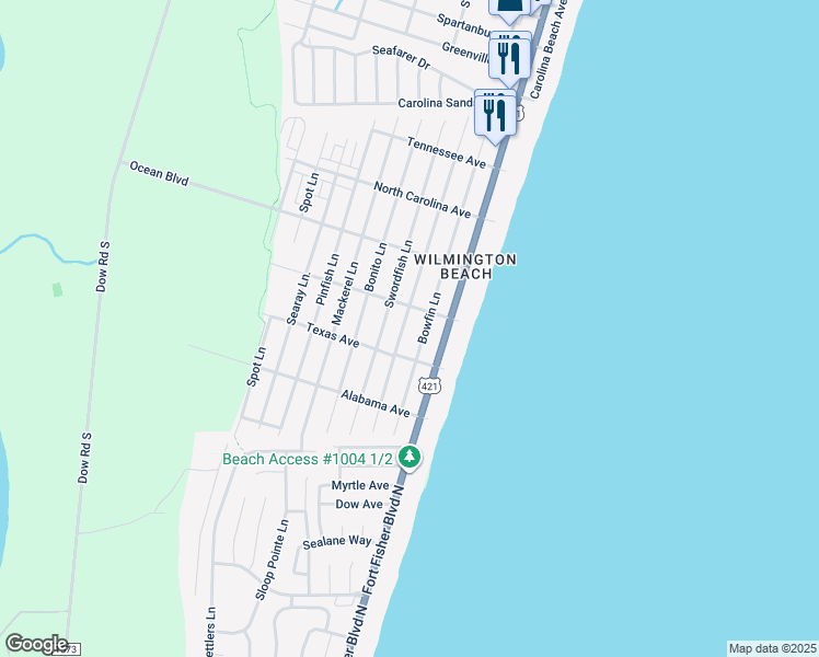 map of restaurants, bars, coffee shops, grocery stores, and more near 1509 Snapper Lane in Carolina Beach