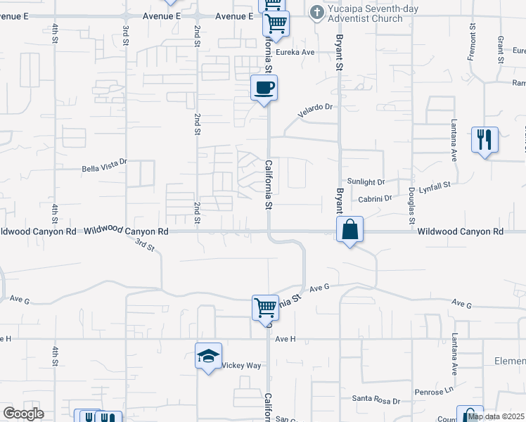 map of restaurants, bars, coffee shops, grocery stores, and more near 13046 California Street in Yucaipa