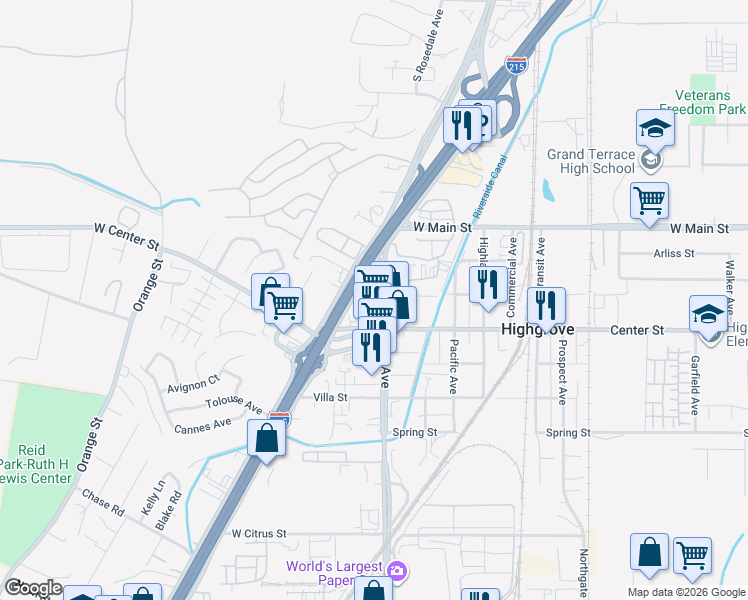 map of restaurants, bars, coffee shops, grocery stores, and more near 170 East La Cadena Drive in Riverside