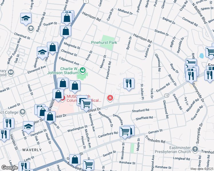 map of restaurants, bars, coffee shops, grocery stores, and more near 1732 Pinehurst Road in Columbia