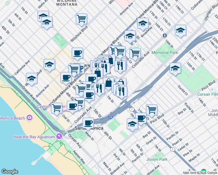 map of restaurants, bars, coffee shops, grocery stores, and more near 1560 Lincoln Boulevard in Santa Monica
