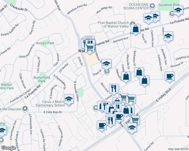 map of restaurants, bars, coffee shops, grocery stores, and more near 144 North Dommer Avenue in Walnut