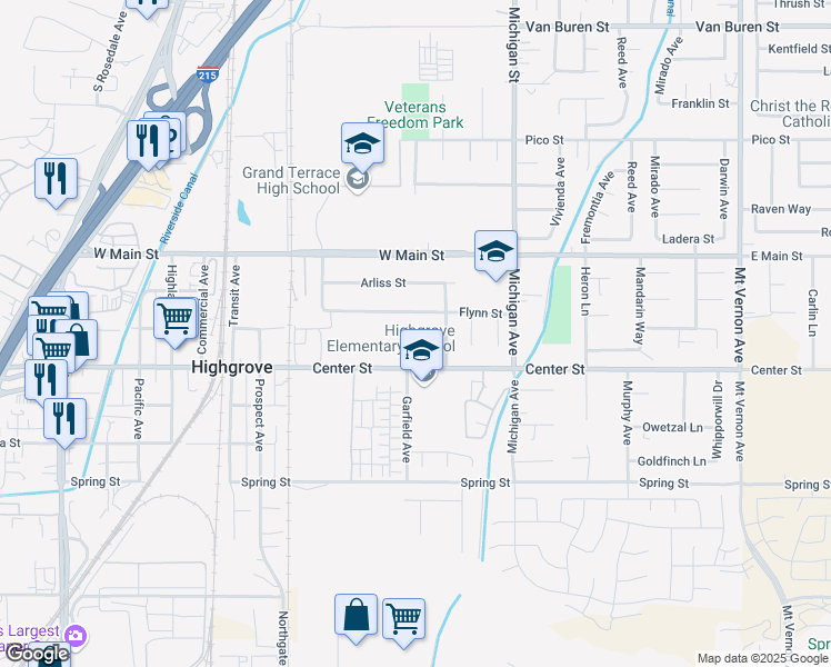 map of restaurants, bars, coffee shops, grocery stores, and more near 206 Waring Avenue in Riverside