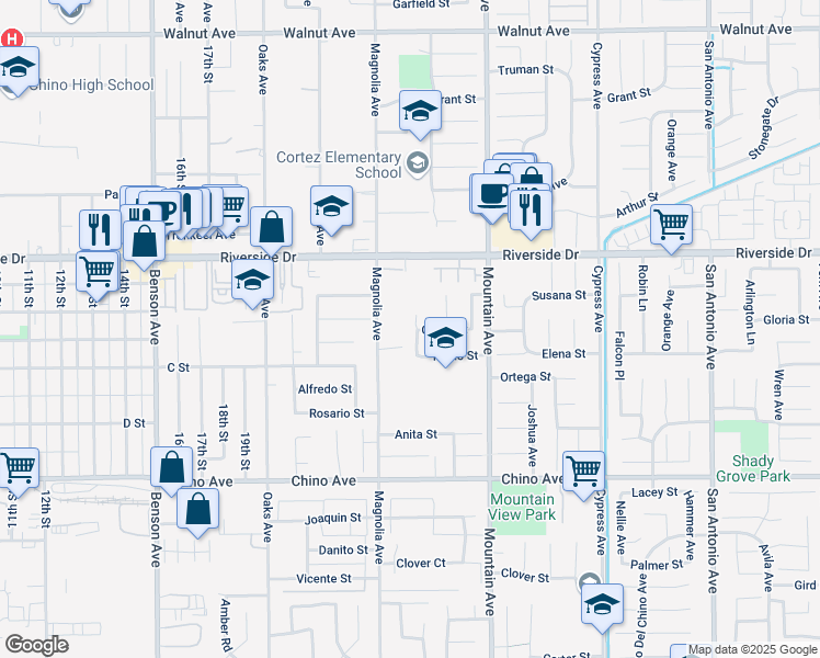 map of restaurants, bars, coffee shops, grocery stores, and more near 13022 Scarborough Avenue in Chino