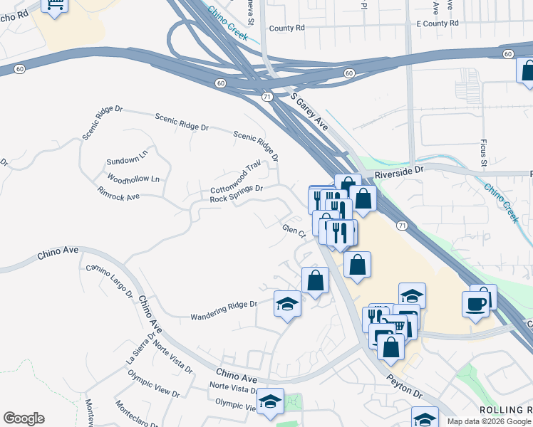 map of restaurants, bars, coffee shops, grocery stores, and more near 13035 Glen Court in Chino Hills