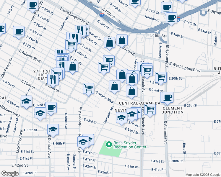 map of restaurants, bars, coffee shops, grocery stores, and more near 1441 East 25th Street in Los Angeles