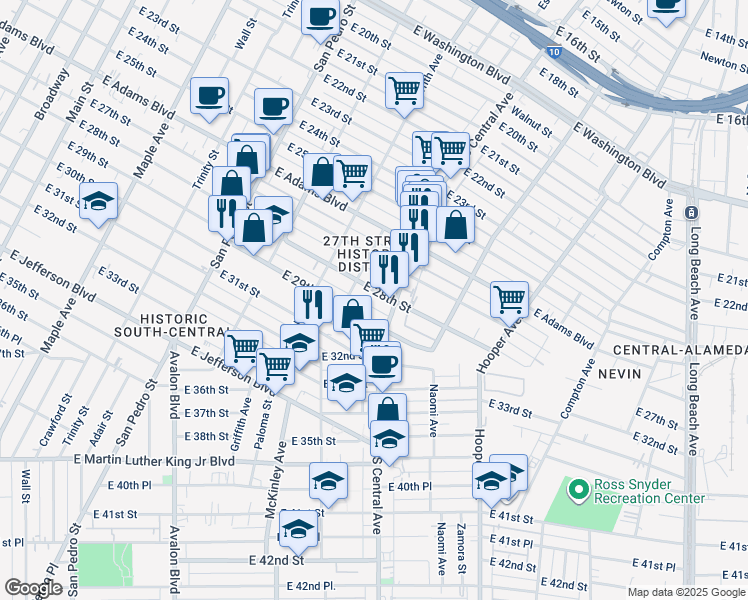 map of restaurants, bars, coffee shops, grocery stores, and more near 1018 East 28th Street in Los Angeles