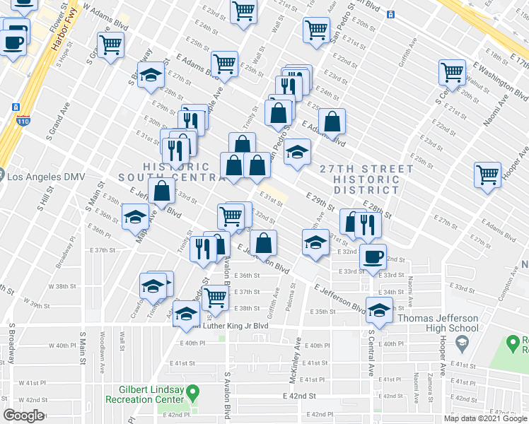map of restaurants, bars, coffee shops, grocery stores, and more near 729 East 32nd Street in Los Angeles
