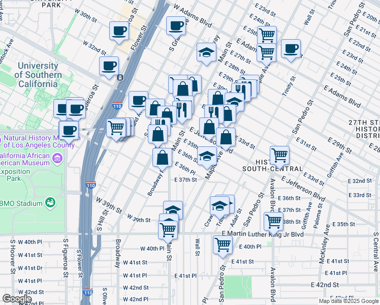 map of restaurants, bars, coffee shops, grocery stores, and more near 146 East 35th Street in Los Angeles