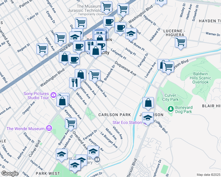 map of restaurants, bars, coffee shops, grocery stores, and more near 4135 La Salle Avenue in Culver City