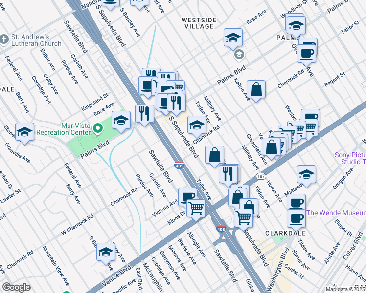 map of restaurants, bars, coffee shops, grocery stores, and more near in Los Angeles