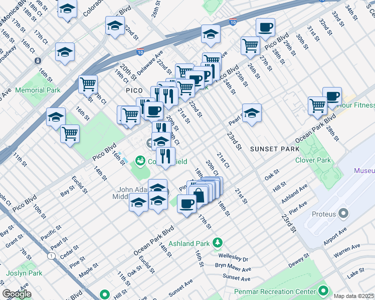 map of restaurants, bars, coffee shops, grocery stores, and more near 2009 Pearl Street in Santa Monica