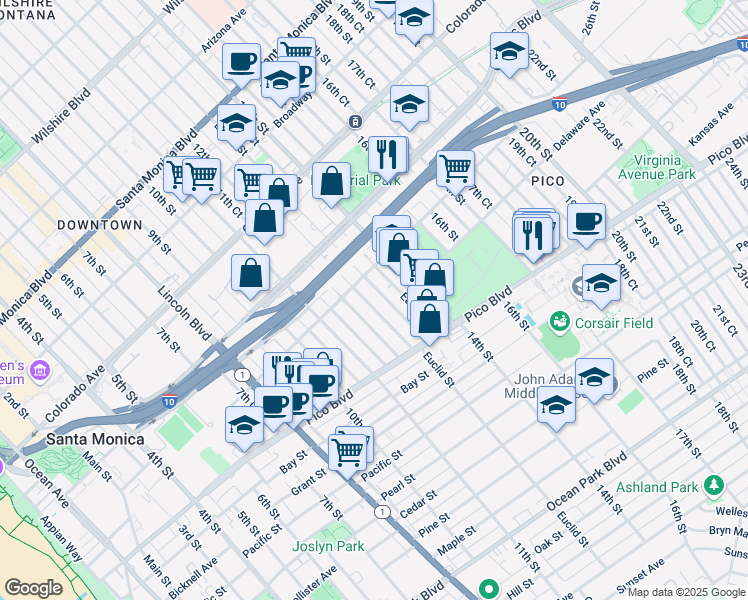 map of restaurants, bars, coffee shops, grocery stores, and more near 1833 Euclid Street in Santa Monica