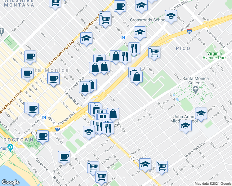 map of restaurants, bars, coffee shops, grocery stores, and more near 1750 12th Street in Santa Monica