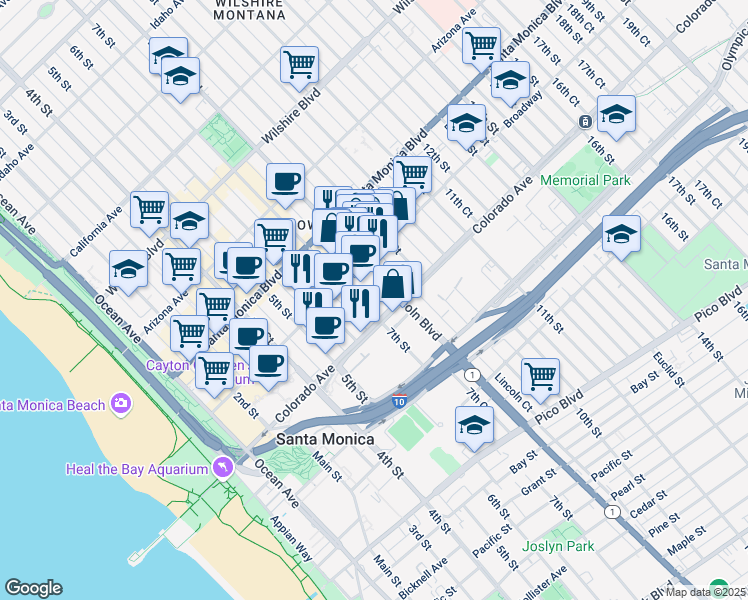 map of restaurants, bars, coffee shops, grocery stores, and more near 1537 7th Street in Santa Monica