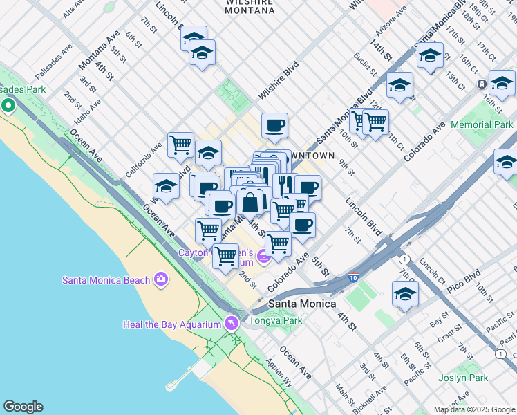 map of restaurants, bars, coffee shops, grocery stores, and more near in Santa Monica