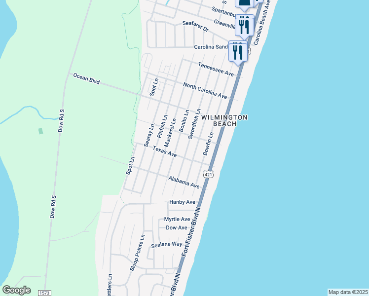 map of restaurants, bars, coffee shops, grocery stores, and more near 1513 Bonito Lane in Carolina Beach