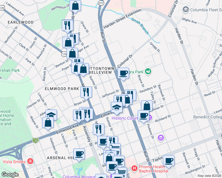 map of restaurants, bars, coffee shops, grocery stores, and more near 2214 Wallace Street in Columbia
