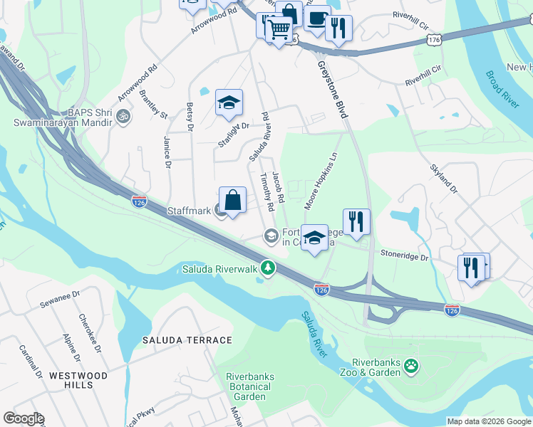 map of restaurants, bars, coffee shops, grocery stores, and more near 339 Saluda River Road in Columbia