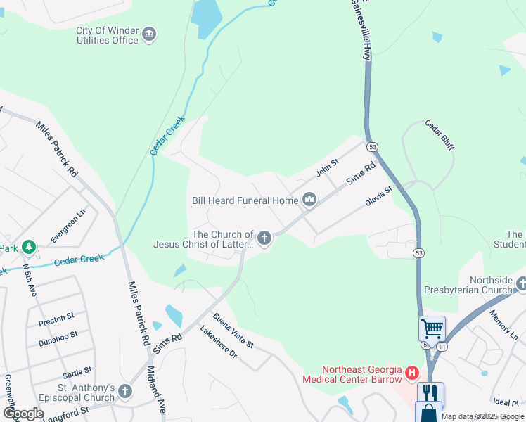 map of restaurants, bars, coffee shops, grocery stores, and more near 228 Hidden Court in Winder