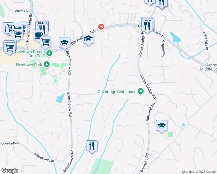 map of restaurants, bars, coffee shops, grocery stores, and more near 9680 Almaviva Drive in Alpharetta
