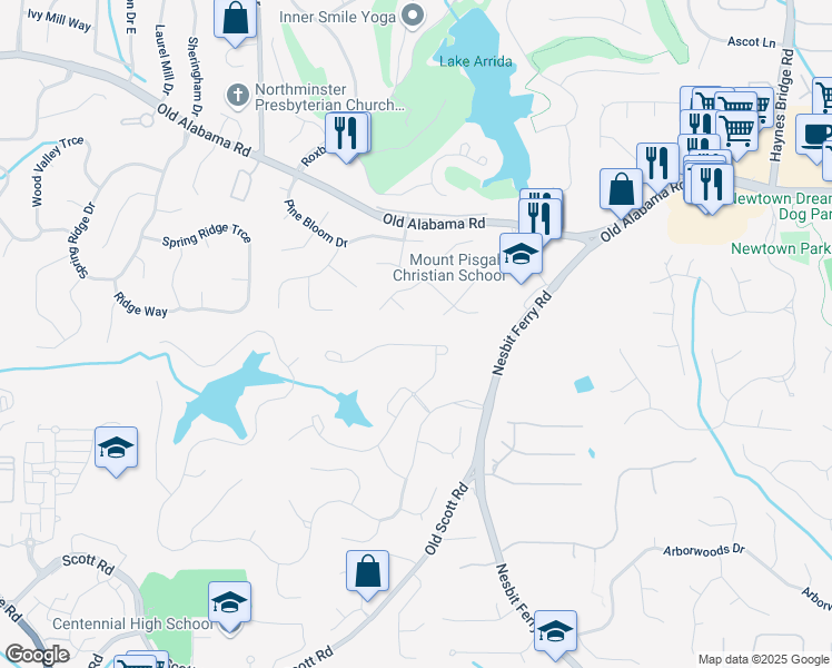 map of restaurants, bars, coffee shops, grocery stores, and more near 5250 Briarstone Ridge Way in Alpharetta