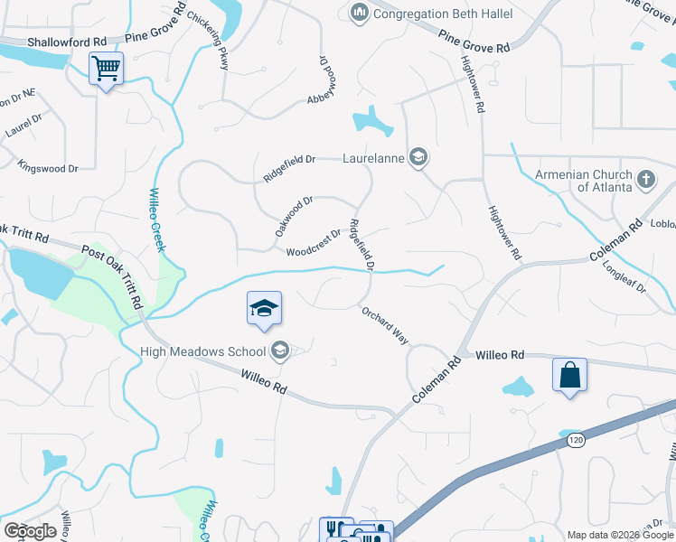 map of restaurants, bars, coffee shops, grocery stores, and more near 1930 Ridgefield Court in Roswell