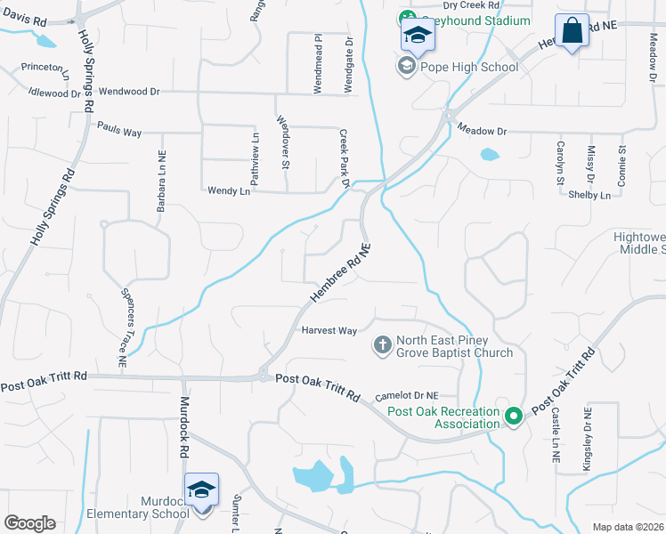 map of restaurants, bars, coffee shops, grocery stores, and more near 2765 Hembree Road Northeast in Marietta