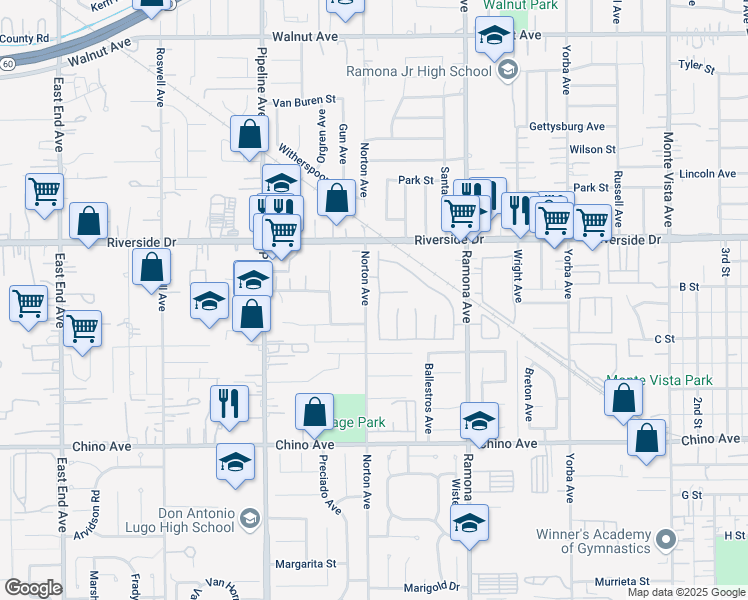 map of restaurants, bars, coffee shops, grocery stores, and more near 13004 Baltimore Court in Chino