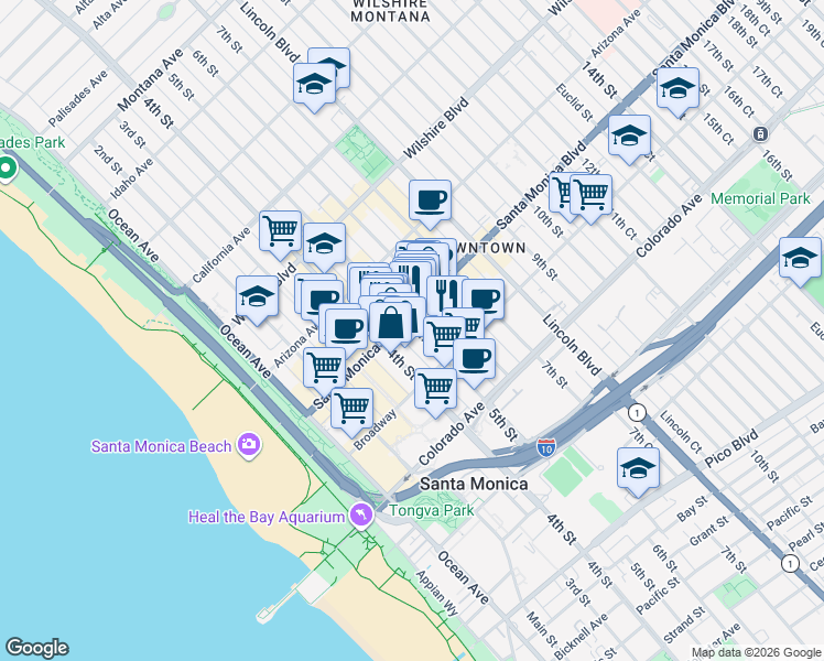 map of restaurants, bars, coffee shops, grocery stores, and more near 1410 5th Street in Santa Monica