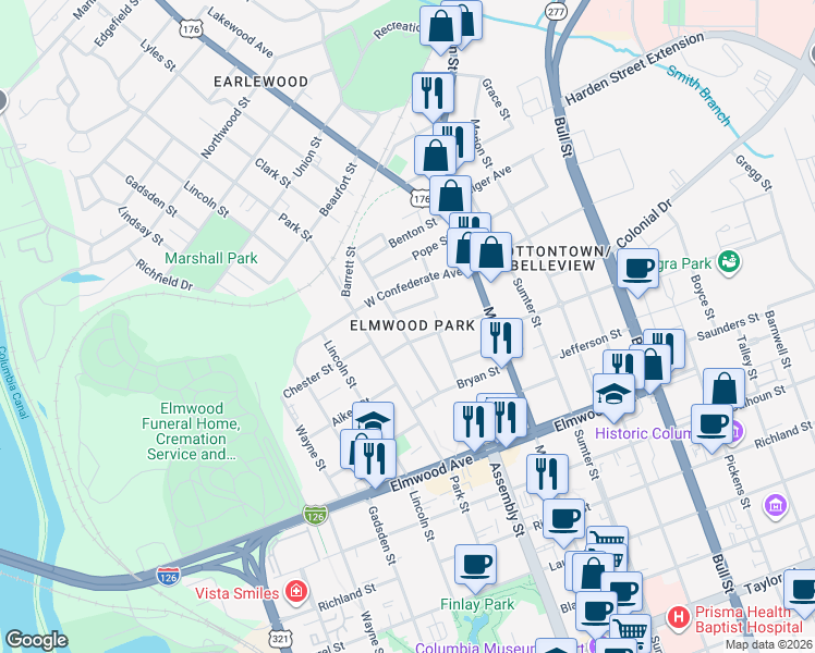 map of restaurants, bars, coffee shops, grocery stores, and more near 1031 Price Avenue in Columbia