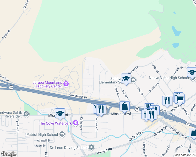 map of restaurants, bars, coffee shops, grocery stores, and more near 7153 Gypsum Drive in Jurupa Valley