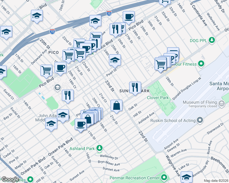 map of restaurants, bars, coffee shops, grocery stores, and more near 2449 23rd Court in Santa Monica