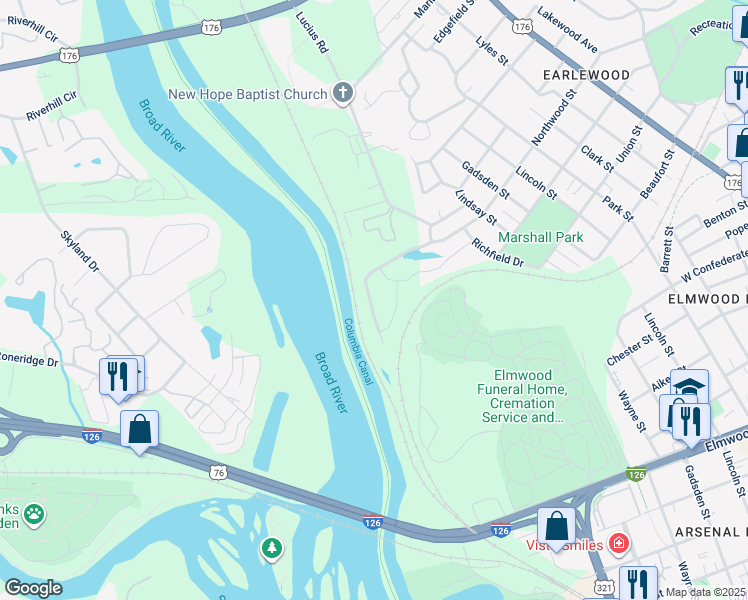 map of restaurants, bars, coffee shops, grocery stores, and more near 238 Northwood Street in Columbia