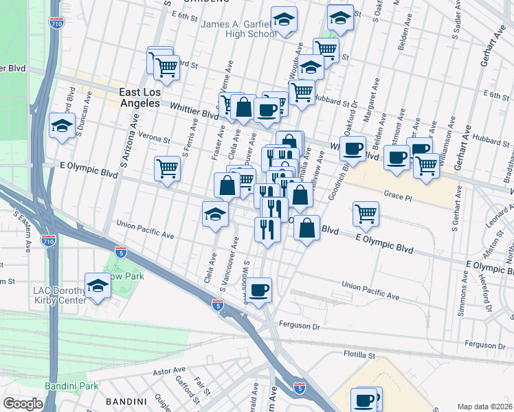 map of restaurants, bars, coffee shops, grocery stores, and more near 1119 South Woods Avenue in East Los Angeles