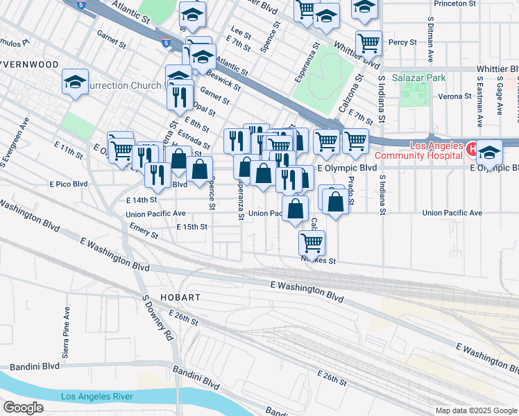 map of restaurants, bars, coffee shops, grocery stores, and more near 3629 Union Pacific Avenue in Los Angeles