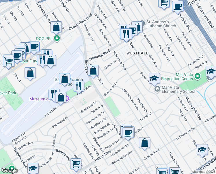 map of restaurants, bars, coffee shops, grocery stores, and more near 3158 Grand View Boulevard in Los Angeles