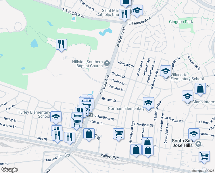 map of restaurants, bars, coffee shops, grocery stores, and more near 202 South Azusa Avenue in La Puente