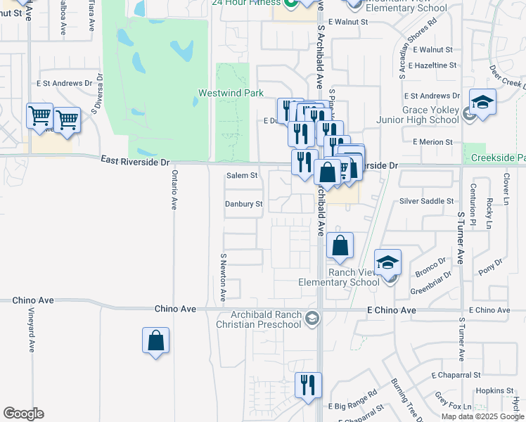 map of restaurants, bars, coffee shops, grocery stores, and more near 3192 South Colonial Avenue in Ontario