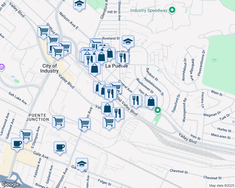 map of restaurants, bars, coffee shops, grocery stores, and more near 16101 Old Valley Boulevard in La Puente