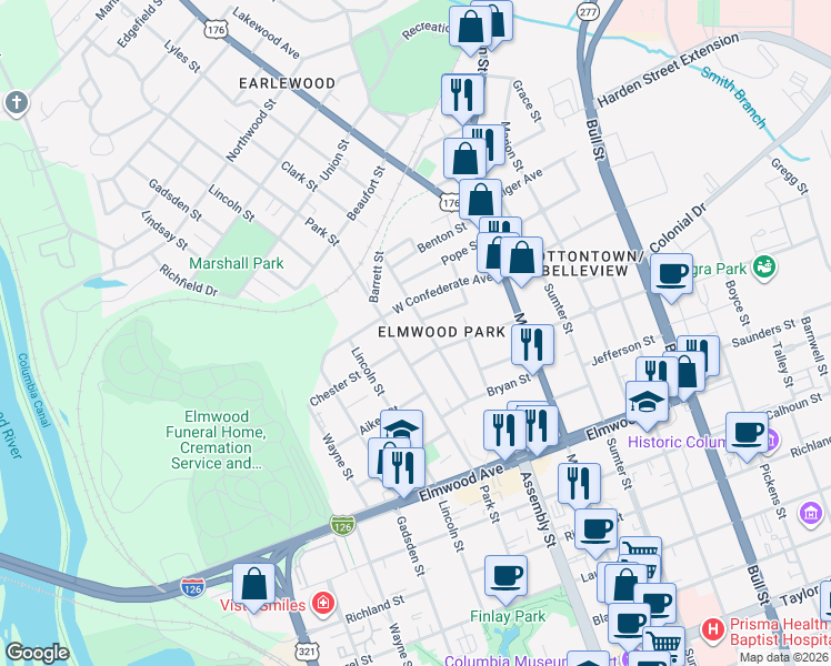 map of restaurants, bars, coffee shops, grocery stores, and more near 2425 Clark Street in Columbia