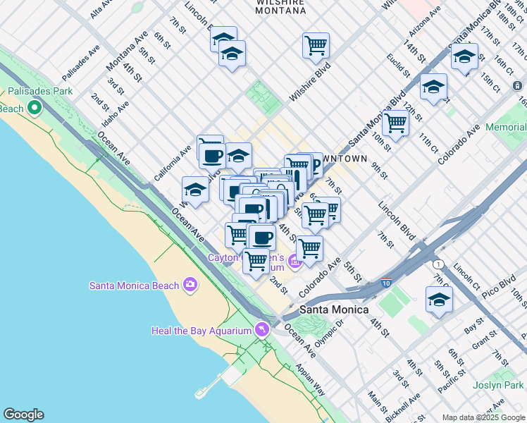 map of restaurants, bars, coffee shops, grocery stores, and more near in Santa Monica