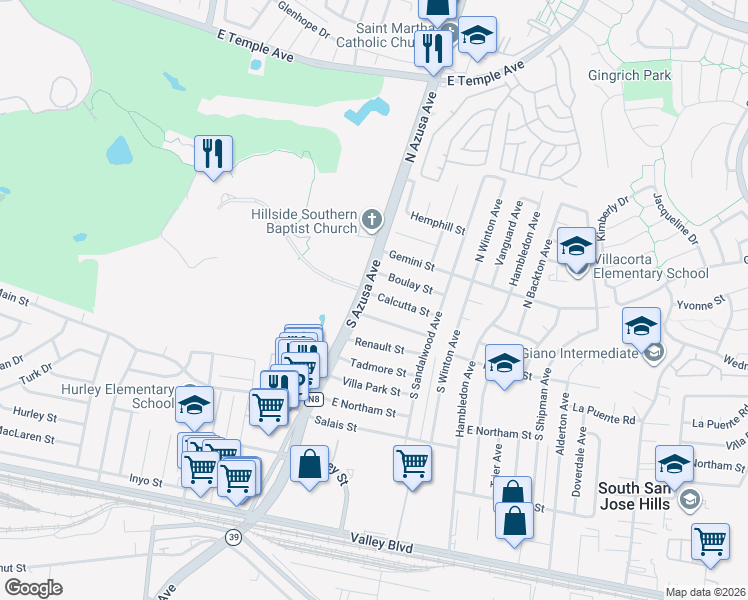 map of restaurants, bars, coffee shops, grocery stores, and more near 202 South Azusa Avenue in La Puente
