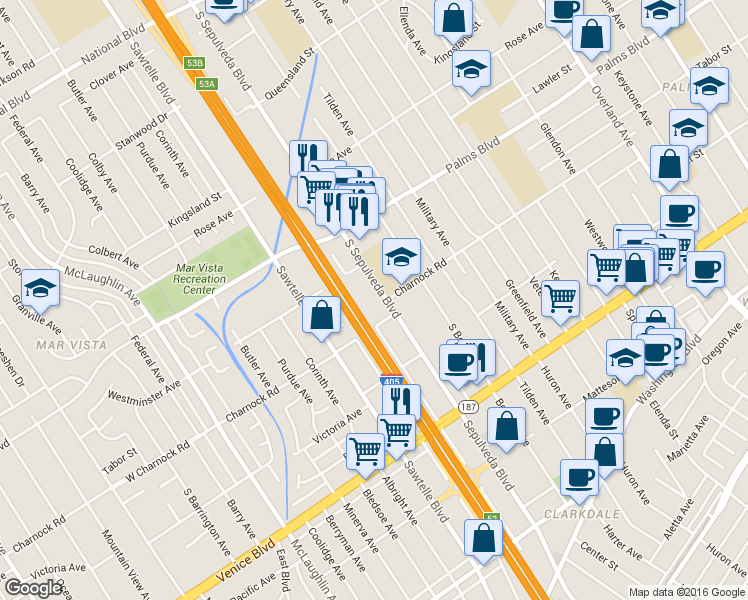 map of restaurants, bars, coffee shops, grocery stores, and more near 3585 South Sepulveda Boulevard in Los Angeles