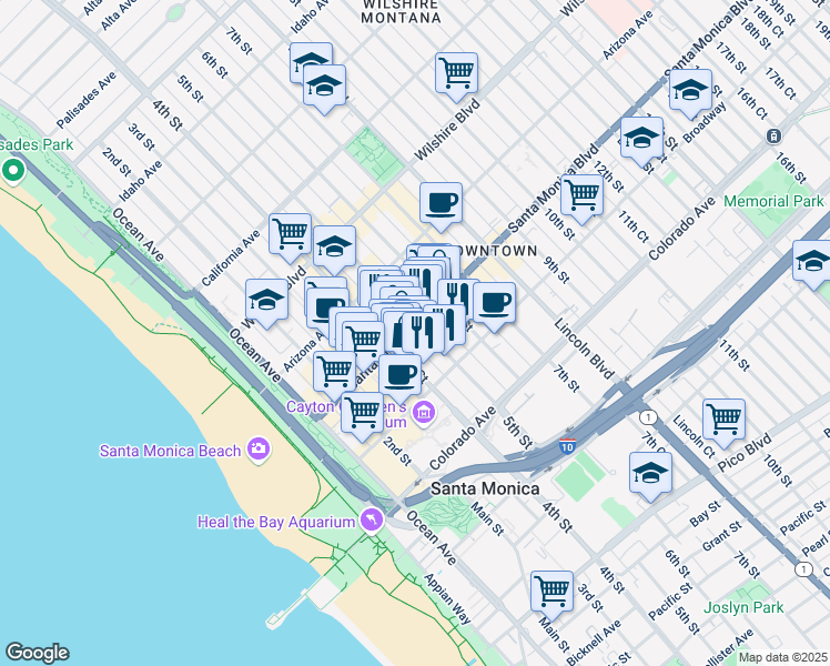 map of restaurants, bars, coffee shops, grocery stores, and more near in Santa Monica