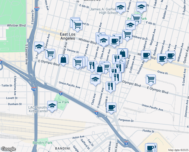 map of restaurants, bars, coffee shops, grocery stores, and more near 5016 East Olympic Boulevard in East Los Angeles